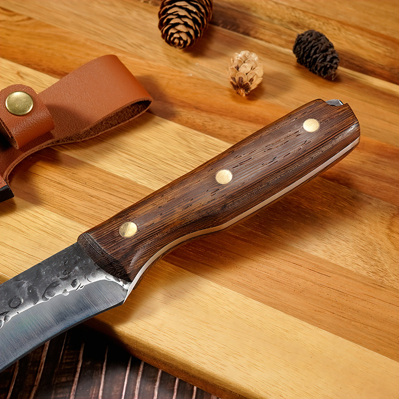 Factory Forged Hammer Pattern Eagle Sickle Durian Knife Banana Outdoor Olecranon Sickle Wooden Handle Utility Knife Camping Picnic Leather Case