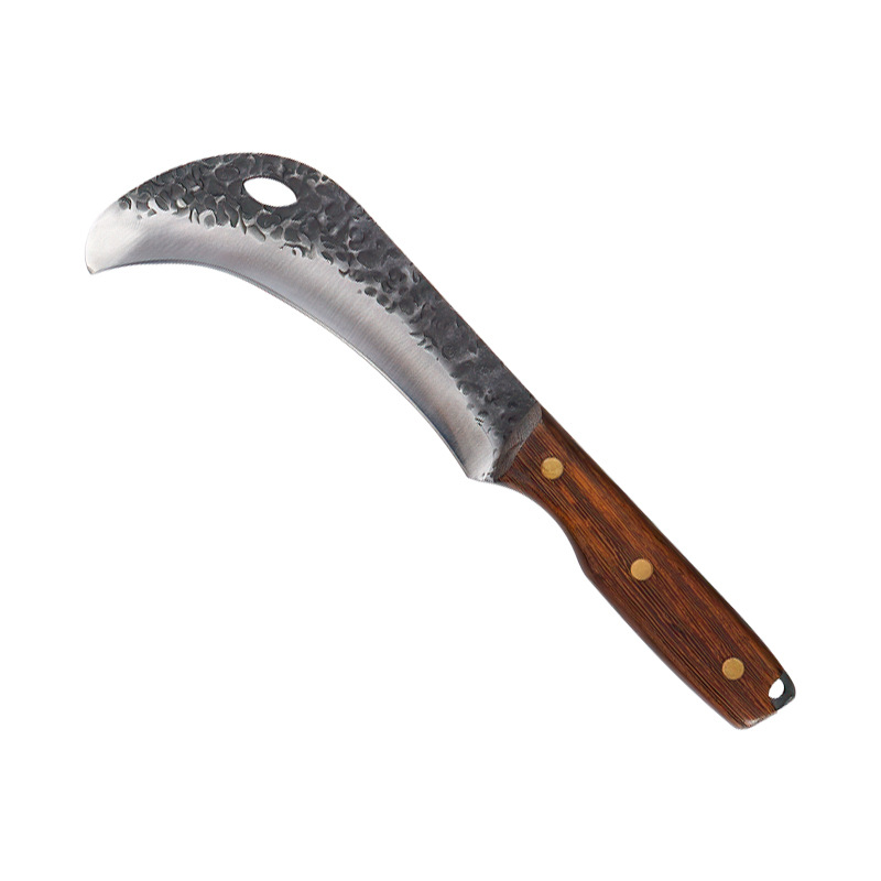 Factory Forged Hammer Pattern Eagle Sickle Durian Knife Banana Outdoor Olecranon Sickle Wooden Handle Utility Knife Camping Picnic Leather Case