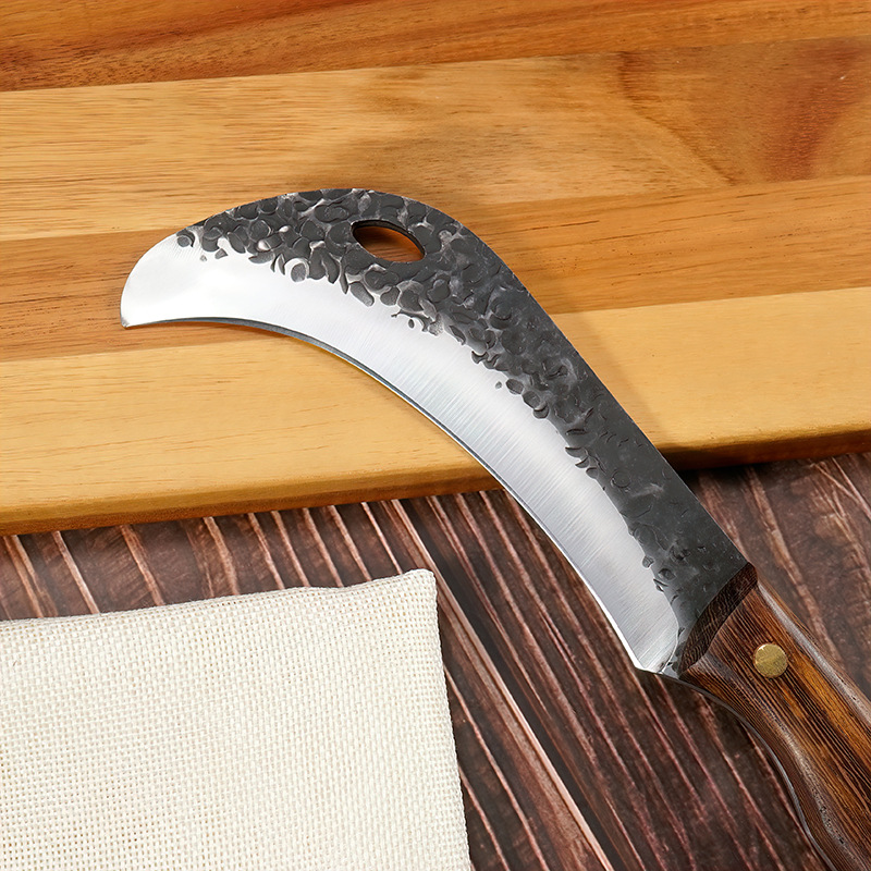 Factory Forged Hammer Pattern Eagle Sickle Durian Knife Banana Outdoor Olecranon Sickle Wooden Handle Utility Knife Camping Picnic Leather Case