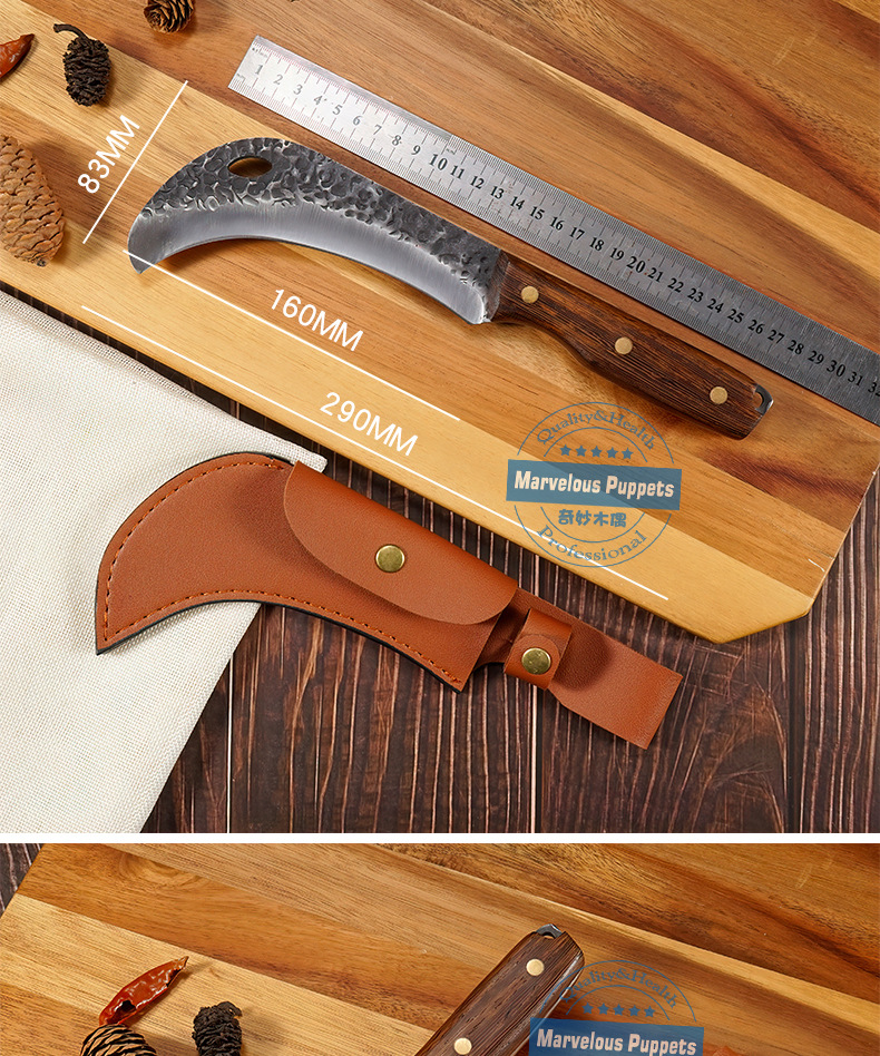 Factory Forged Hammer Pattern Eagle Sickle Durian Knife Banana Outdoor Olecranon Sickle Wooden Handle Utility Knife Camping Picnic Leather Case