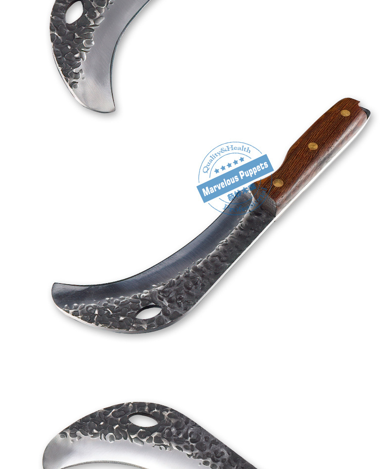 Factory Forged Hammer Pattern Eagle Sickle Durian Knife Banana Outdoor Olecranon Sickle Wooden Handle Utility Knife Camping Picnic Leather Case