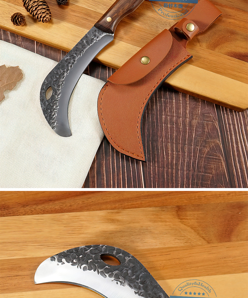 Factory Forged Hammer Pattern Eagle Sickle Durian Knife Banana Outdoor Olecranon Sickle Wooden Handle Utility Knife Camping Picnic Leather Case