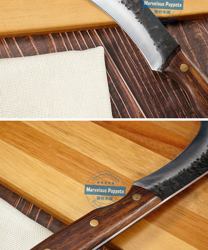 Factory Forged Hammer Pattern Eagle Sickle Durian Knife Banana Outdoor Olecranon Sickle Wooden Handle Utility Knife Camping Picnic Leather Case