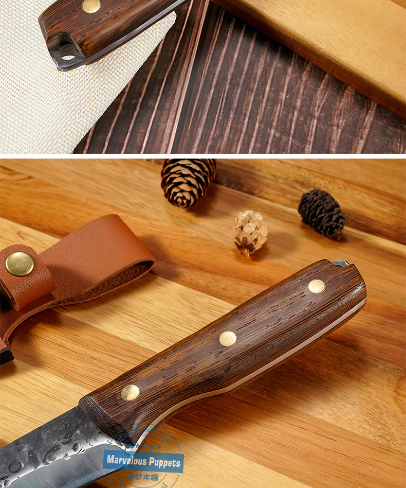 Factory Forged Hammer Pattern Eagle Sickle Durian Knife Banana Outdoor Olecranon Sickle Wooden Handle Utility Knife Camping Picnic Leather Case