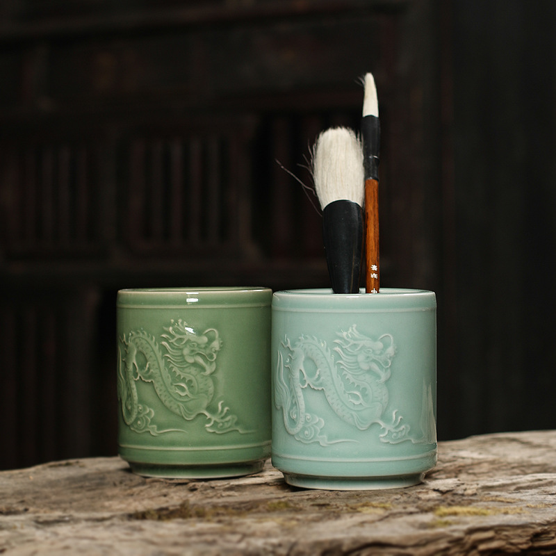 Longquan Celadon Pen Holder Retro Stationery Office Study Supplies Ceramic Large Pen-Container Writing Brush Ballpoint Pen Multifunctional