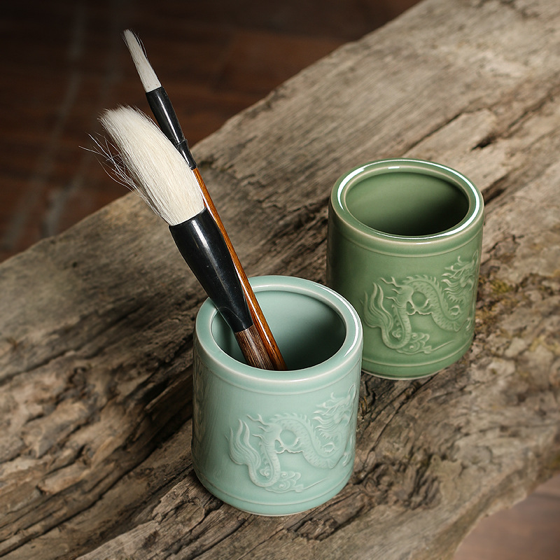 Longquan Celadon Pen Holder Retro Stationery Office Study Supplies Ceramic Large Pen-Container Writing Brush Ballpoint Pen Multifunctional