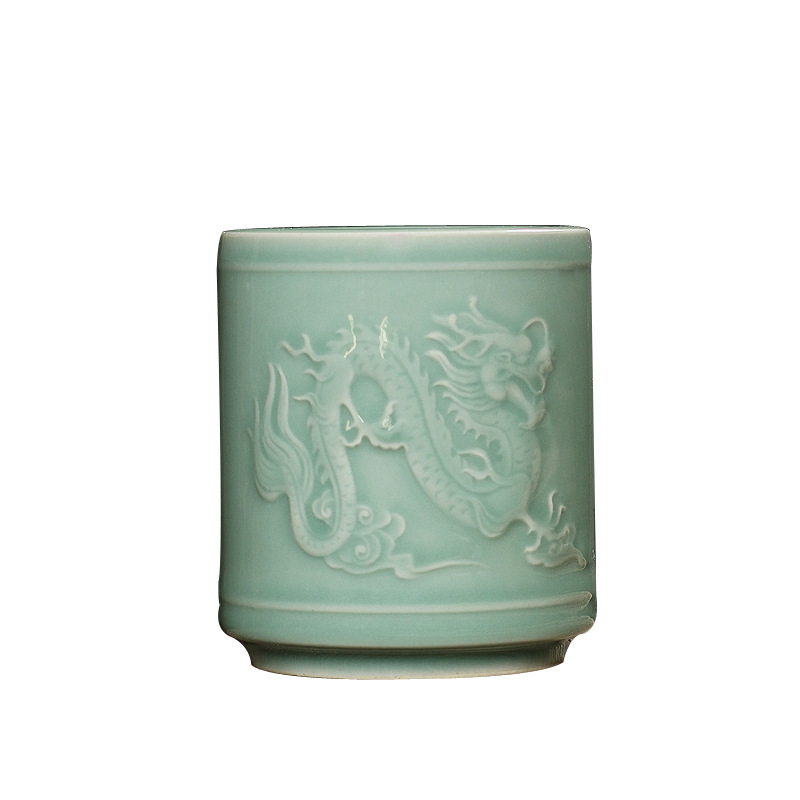 Longquan Celadon Pen Holder Retro Stationery Office Study Supplies Ceramic Large Pen-Container Writing Brush Ballpoint Pen Multifunctional