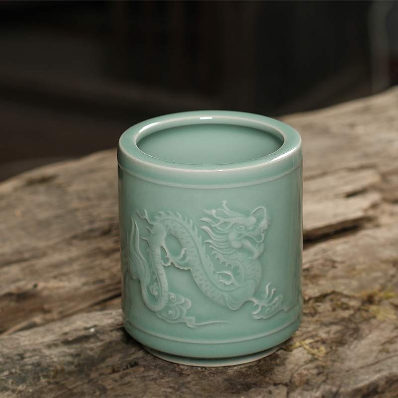 Longquan Celadon Pen Holder Retro Stationery Office Study Supplies Ceramic Large Pen-Container Writing Brush Ballpoint Pen Multifunctional