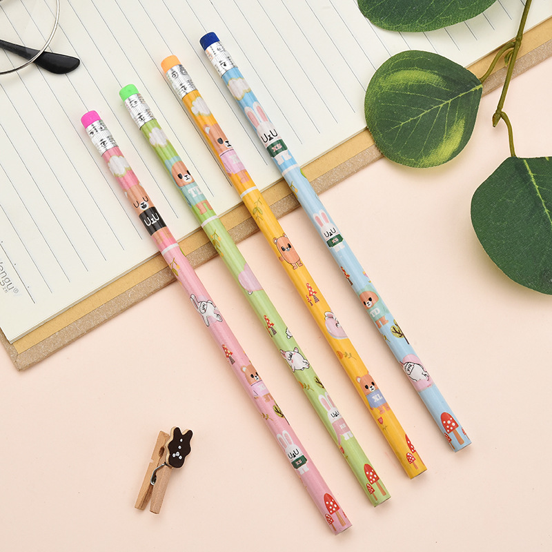 Shunfu Stationery Wooden round Brush Pot Cartoon Mantle Student Kindergarten HB Writing Drawing Pencil Wholesale