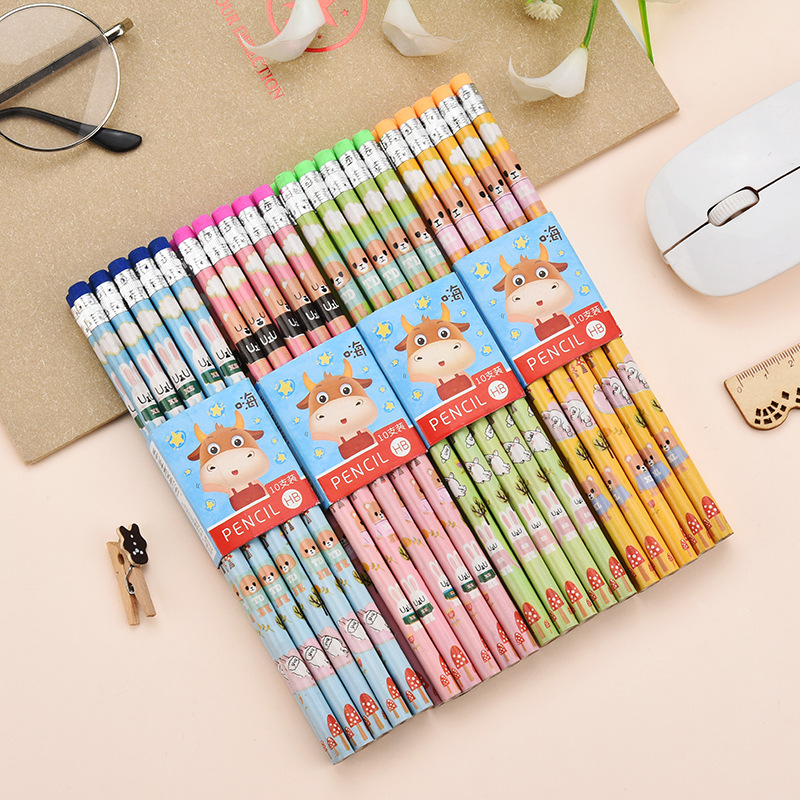Shunfu Stationery Wooden round Brush Pot Cartoon Mantle Student Kindergarten HB Writing Drawing Pencil Wholesale