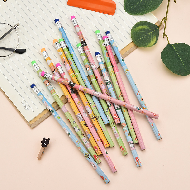 Shunfu Stationery Wooden round Brush Pot Cartoon Mantle Student Kindergarten HB Writing Drawing Pencil Wholesale