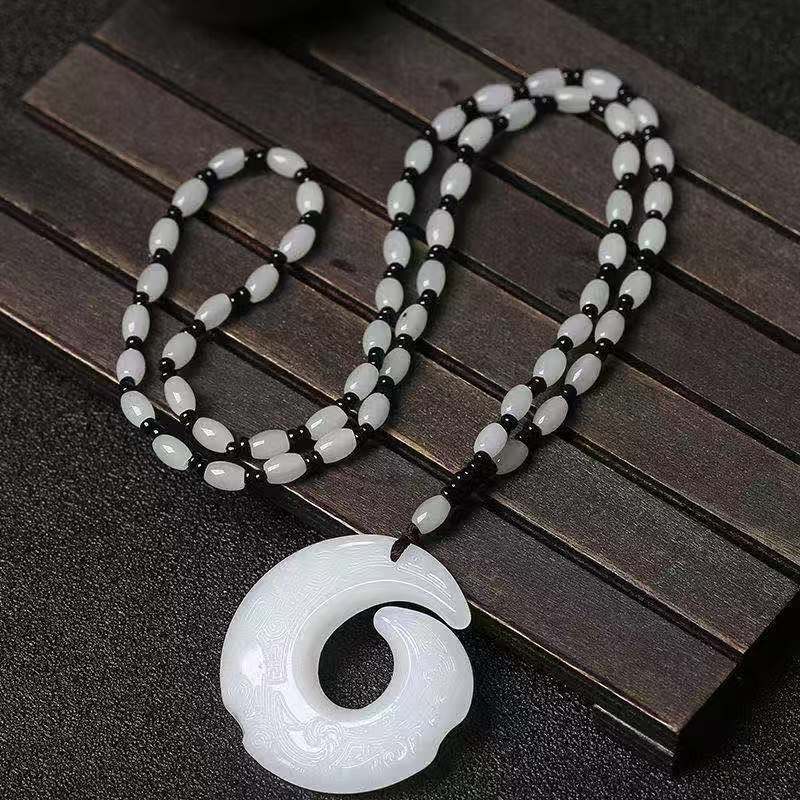 Good Luck Comes Safety Buckle Pendant Imitation Afghan White Jade Ethnic Style Men&#039;s and Women&#039;s Chalcedony Necklace Sweater Chain Wholesale