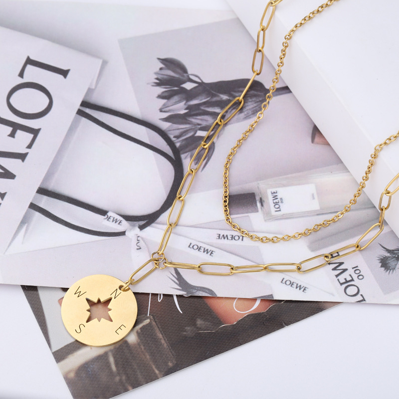 Factory Direct Sales Mirror Stainless Steel round Hollow Compass Compass Pendant Double Layer Hip Hop Style Handmade Ornament