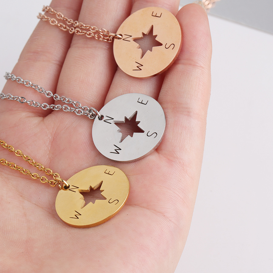 Compass Necklace Mirror Stainless Steel round Hollow Compass Compass Pendant Hip Hop Style Handmade Ornament