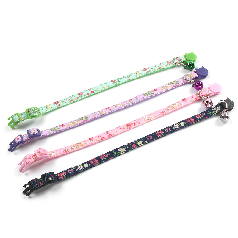 New Rose Webbing Satin Ribbon Pet Cats Collar Safety Buckle Color Release Buckle with Bell Factory Spot Direct Sales