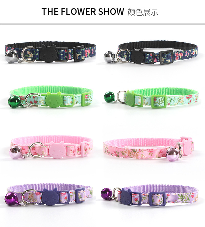 New Rose Webbing Satin Ribbon Pet Cats Collar Safety Buckle Color Release Buckle with Bell Factory Spot Direct Sales