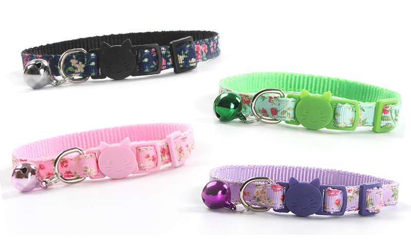 New Rose Webbing Satin Ribbon Pet Cats Collar Safety Buckle Color Release Buckle with Bell Factory Spot Direct Sales