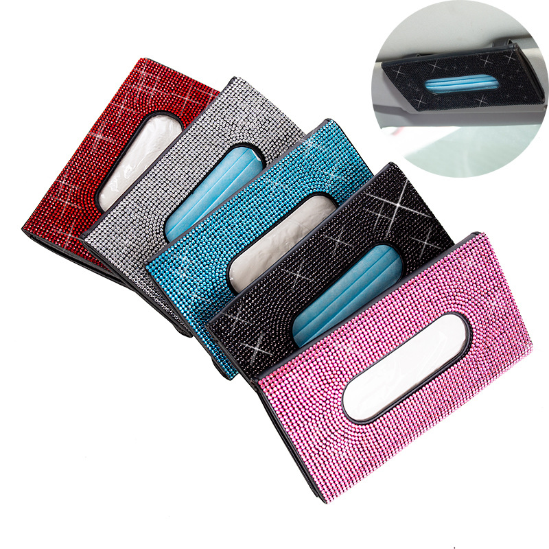 Car Tissue Box Diamond Sunshade Leather Hanging Seat Back Drawer Paper Clip Creative Rhinestone Car Tissue Box