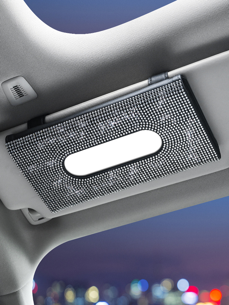 Car Tissue Box Diamond Sunshade Leather Hanging Seat Back Drawer Paper Clip Creative Rhinestone Car Tissue Box