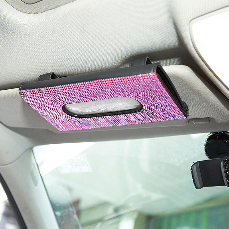 Car Tissue Box Diamond Sunshade Leather Hanging Seat Back Drawer Paper Clip Creative Rhinestone Car Tissue Box