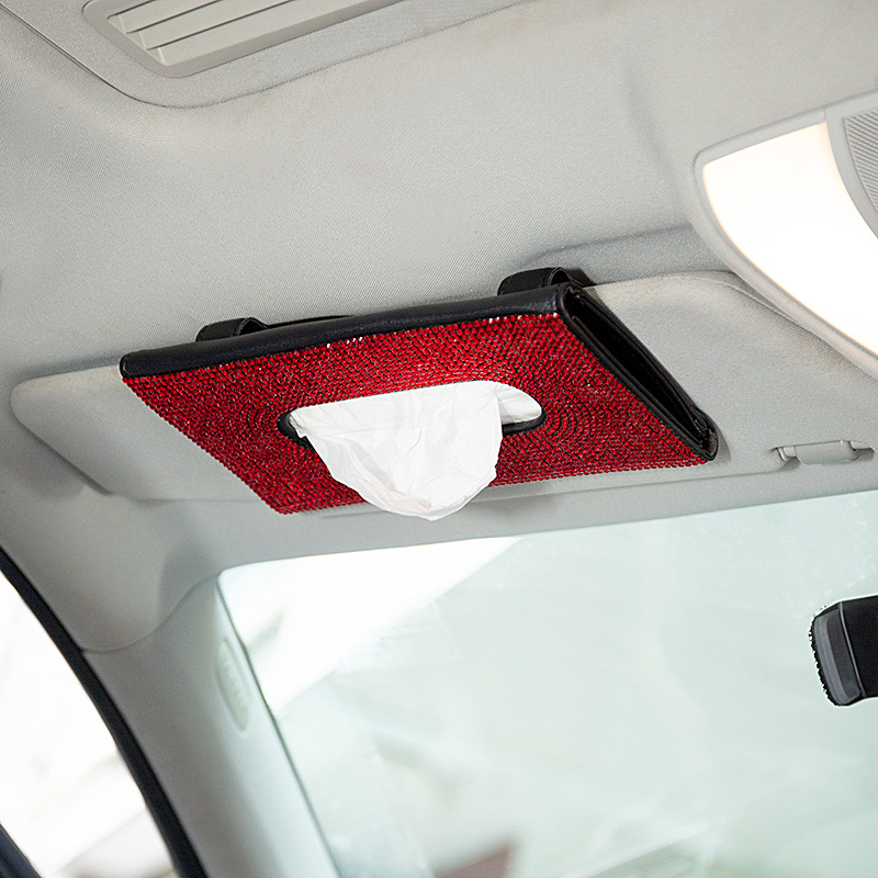 Car Tissue Box Diamond Sunshade Leather Hanging Seat Back Drawer Paper Clip Creative Rhinestone Car Tissue Box