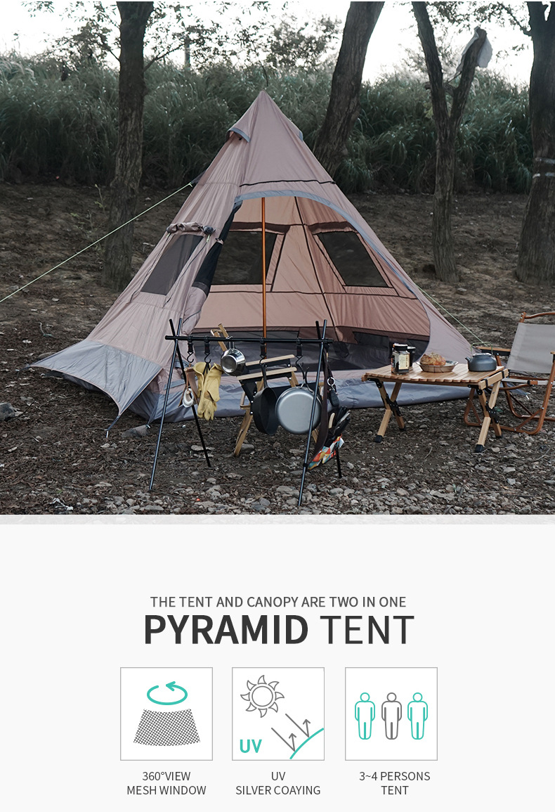CLS Outdoor Indian Pyramid Tent 3-4 People Camping Folding Canopy Weatherproof UV Resistant Camping Tent