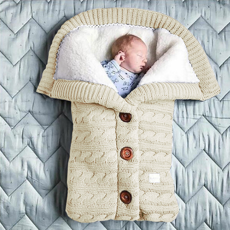 European and American Autumn Winter Baby Stroller Sleeping Bag Outdoor Button Baby Knitted Sleeping Bag Wool plus Velvet Thickened Swaddling Wrapping Quilt