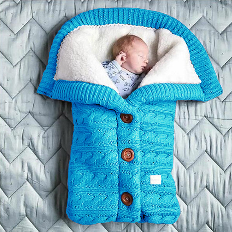 European and American Autumn Winter Baby Stroller Sleeping Bag Outdoor Button Baby Knitted Sleeping Bag Wool plus Velvet Thickened Swaddling Wrapping Quilt