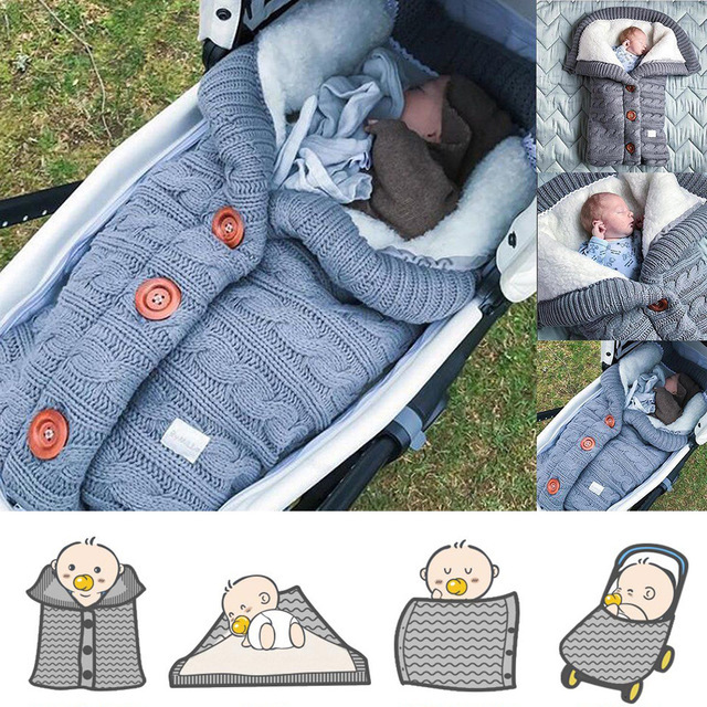 European and American Autumn Winter Baby Stroller Sleeping Bag Outdoor Button Baby Knitted Sleeping Bag Wool plus Velvet Thickened Swaddling Wrapping Quilt