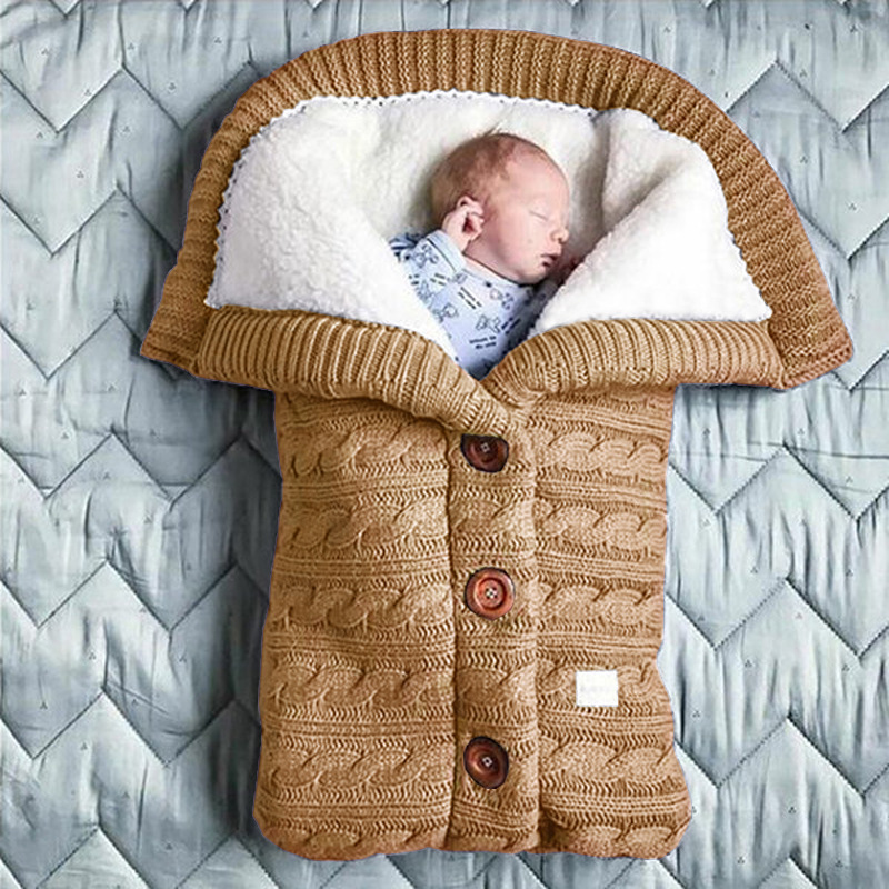 European and American Autumn Winter Baby Stroller Sleeping Bag Outdoor Button Baby Knitted Sleeping Bag Wool plus Velvet Thickened Swaddling Wrapping Quilt