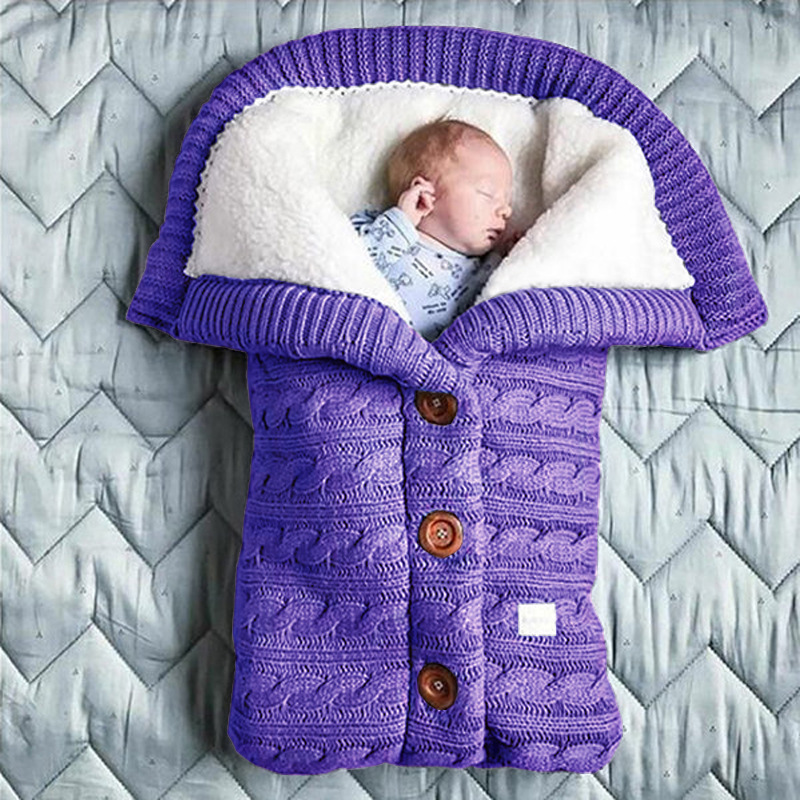 European and American Autumn Winter Baby Stroller Sleeping Bag Outdoor Button Baby Knitted Sleeping Bag Wool plus Velvet Thickened Swaddling Wrapping Quilt