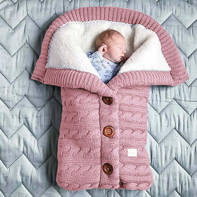 European and American Autumn Winter Baby Stroller Sleeping Bag Outdoor Button Baby Knitted Sleeping Bag Wool plus Velvet Thickened Swaddling Wrapping Quilt