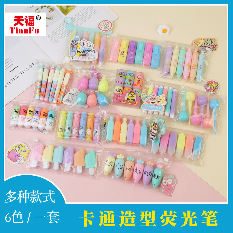 Tianfu Cartoon Fluorescent Pen Candy Modeling Student Suit Marker Mini Color Flash Large Capacity Outline