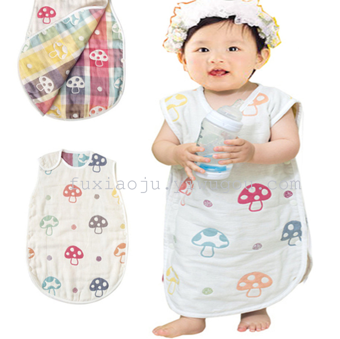 Six layers of organic cotton gauze mushroom sleeping bag child anti kick quilt vest type jacquard sleeping bag
