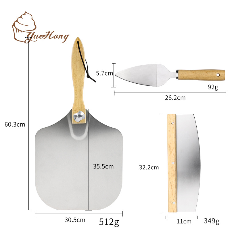 Wooden Handle Pizza Shovel ThreePiece Set Stainless Steel Scrapers Triangle Shovel Wooden Handle Square round Shovel Set