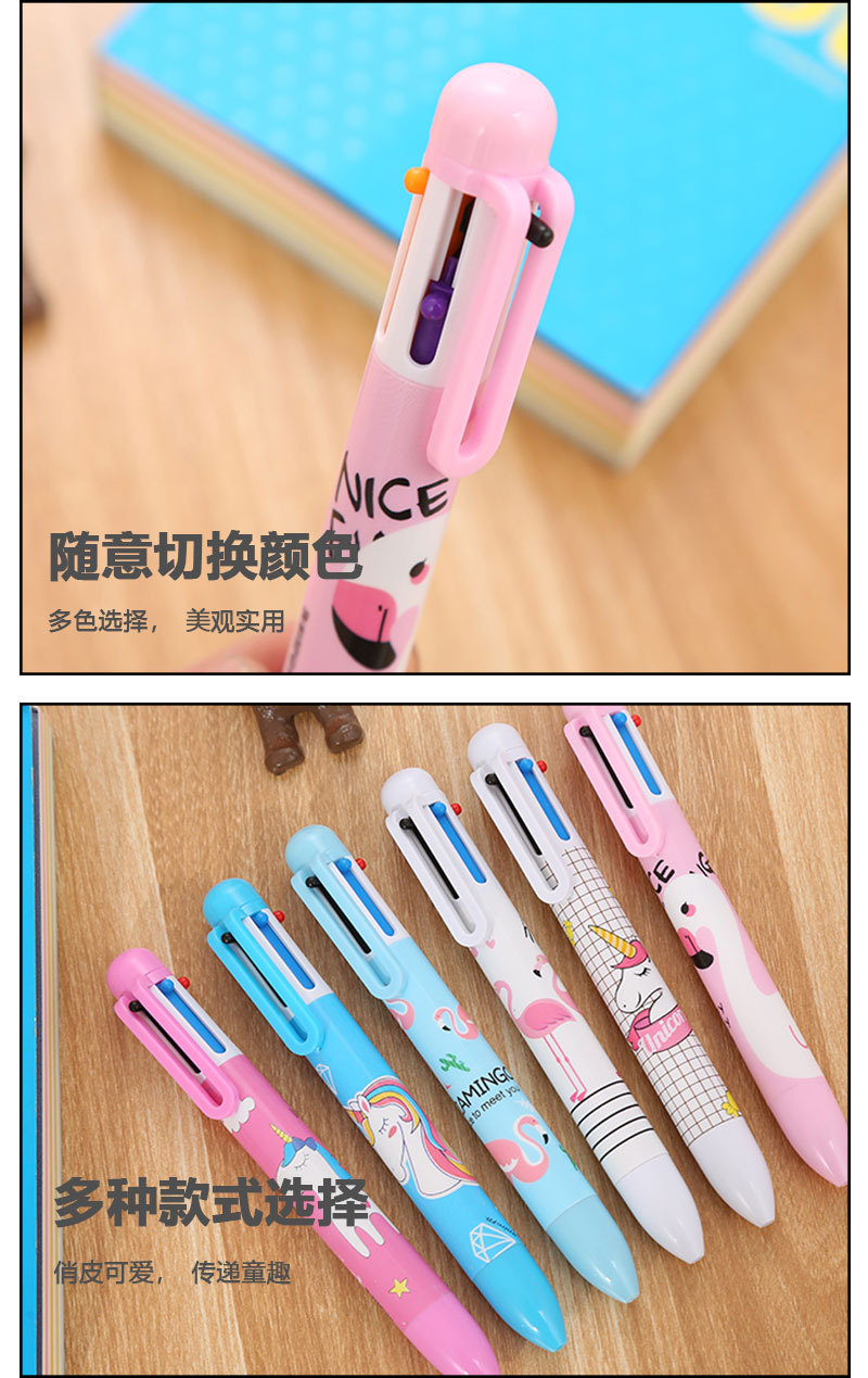 Creative stationery color ballpoint pen cute student 6 color flamingo oil pen cartoon unicorn ballpoint pen factory