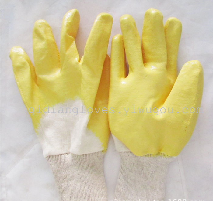 Yellow nitrile glove flannel cuff oil wear cotton half dipping corrosion protective gloves Yellow nitrile glove flannel cuff oil wear cotton half dipping corrosion protective gloves