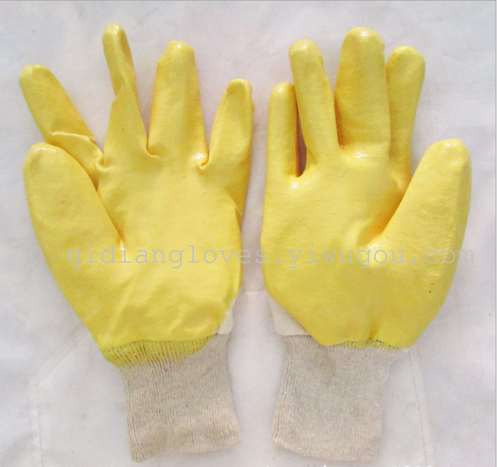 Yellow nitrile glove flannel cuff oil wear cotton half dipping corrosion protective gloves Yellow nitrile glove flannel cuff oil wear cotton half dipping corrosion protective gloves
