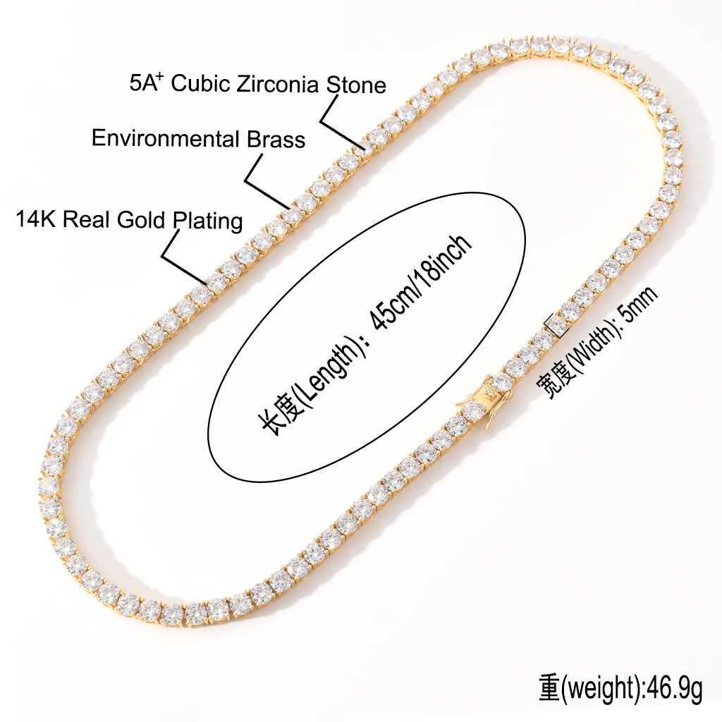 European and American Style Necklace Hip Hop 3mm 5mm Zircon Tennis Chain Zircon Bracelet Necklace Tennis Chain European and American Style Necklace Hip Hop 3mm 5mm Zircon Tennis Chain Zircon Bracelet Necklace Tennis Chain