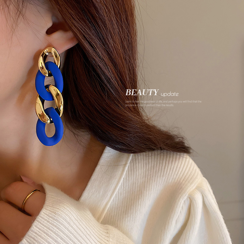 Klein Blue 925 Silver Needle Geometric Circle Chain Earrings Personalized and Temperamental Stud Earrings Ins High Sense Korean Earrings
