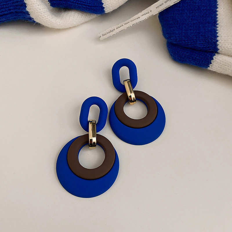 Klein Blue 925 Silver Needle Geometric Circle Chain Earrings Personalized and Temperamental Stud Earrings Ins High Sense Korean Earrings