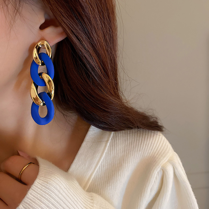 Klein Blue 925 Silver Needle Geometric Circle Chain Earrings Personalized and Temperamental Stud Earrings Ins High Sense Korean Earrings