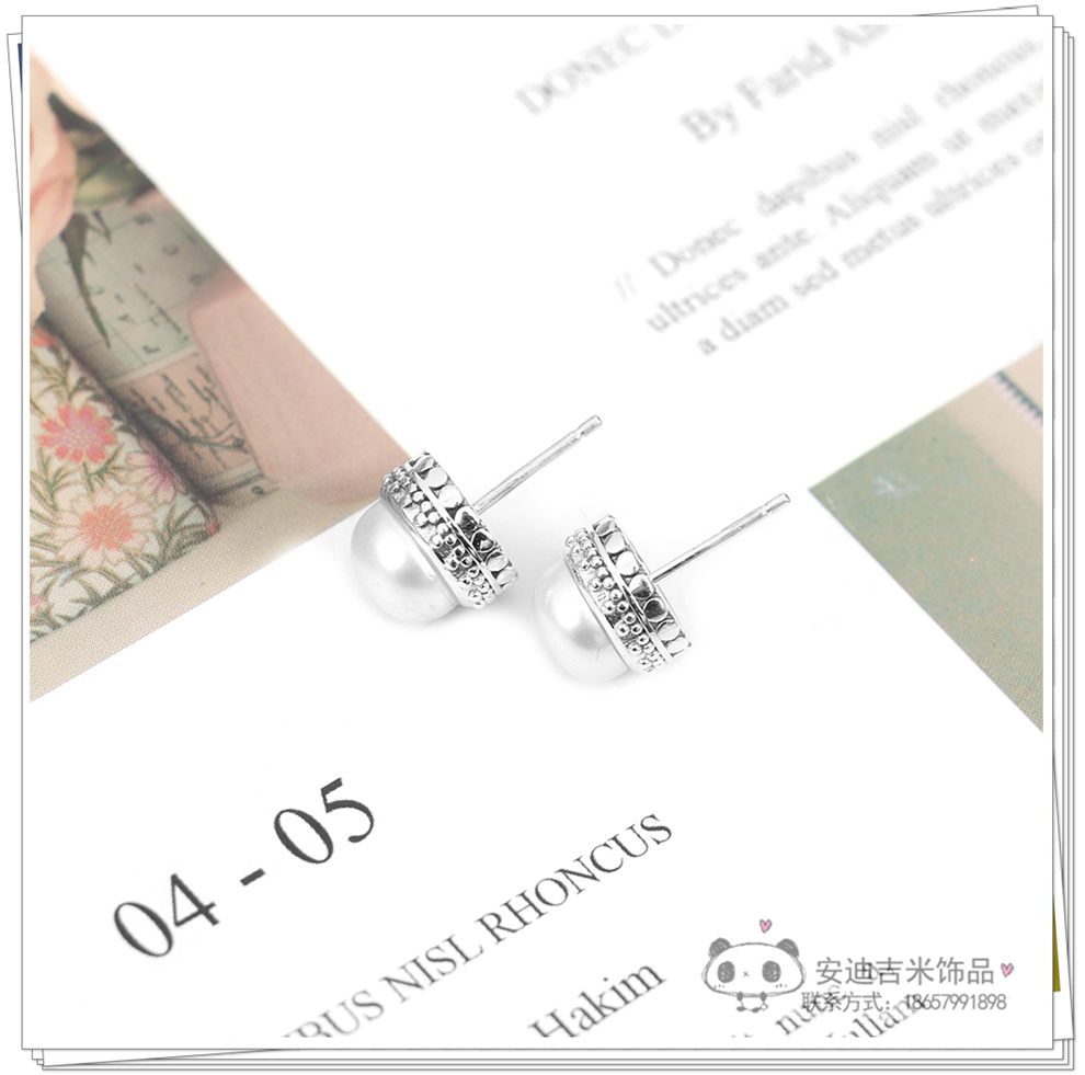 Partysu Temperamental Natural Freshwater Pearl Ear Studs 925 Silver Pattern Carving Circle Ear Studs Simple Female Wholesale