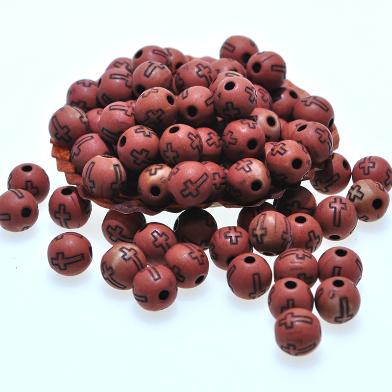 Children&#039;s DIY Acrylic Beads 8mm Imitation Wood Background Black Word Cross Beads Puzzle Bracelet Wrist Ring Scattered Beads