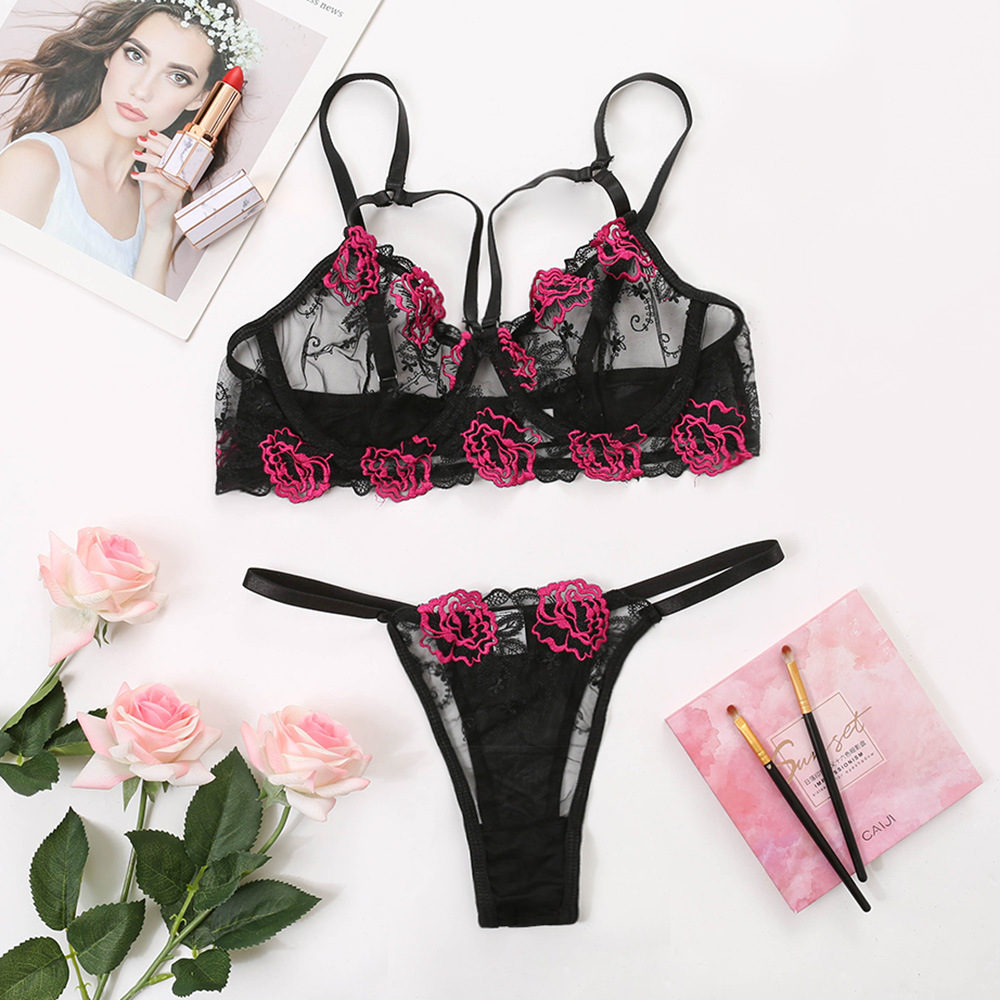 Shantou Dongzhoutai Knitted European and American Style Lace Embroidered Hollow-out Sexy Belt Steel Ring Push up Underwear 14484