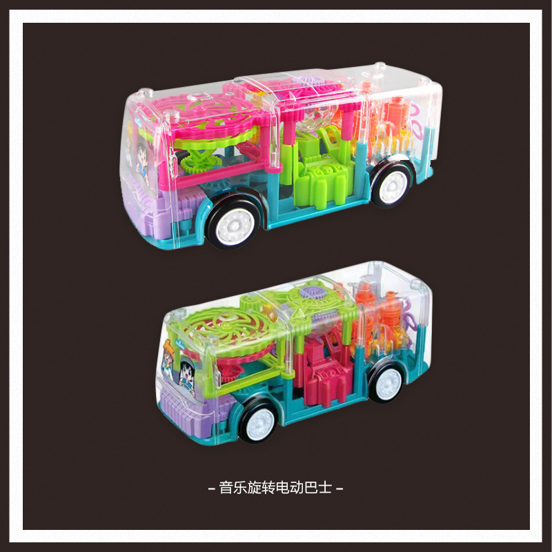 Cool Light Music Rotating Electric Bus Young Children Universal Gear Simulation Transparent Model Toy Car