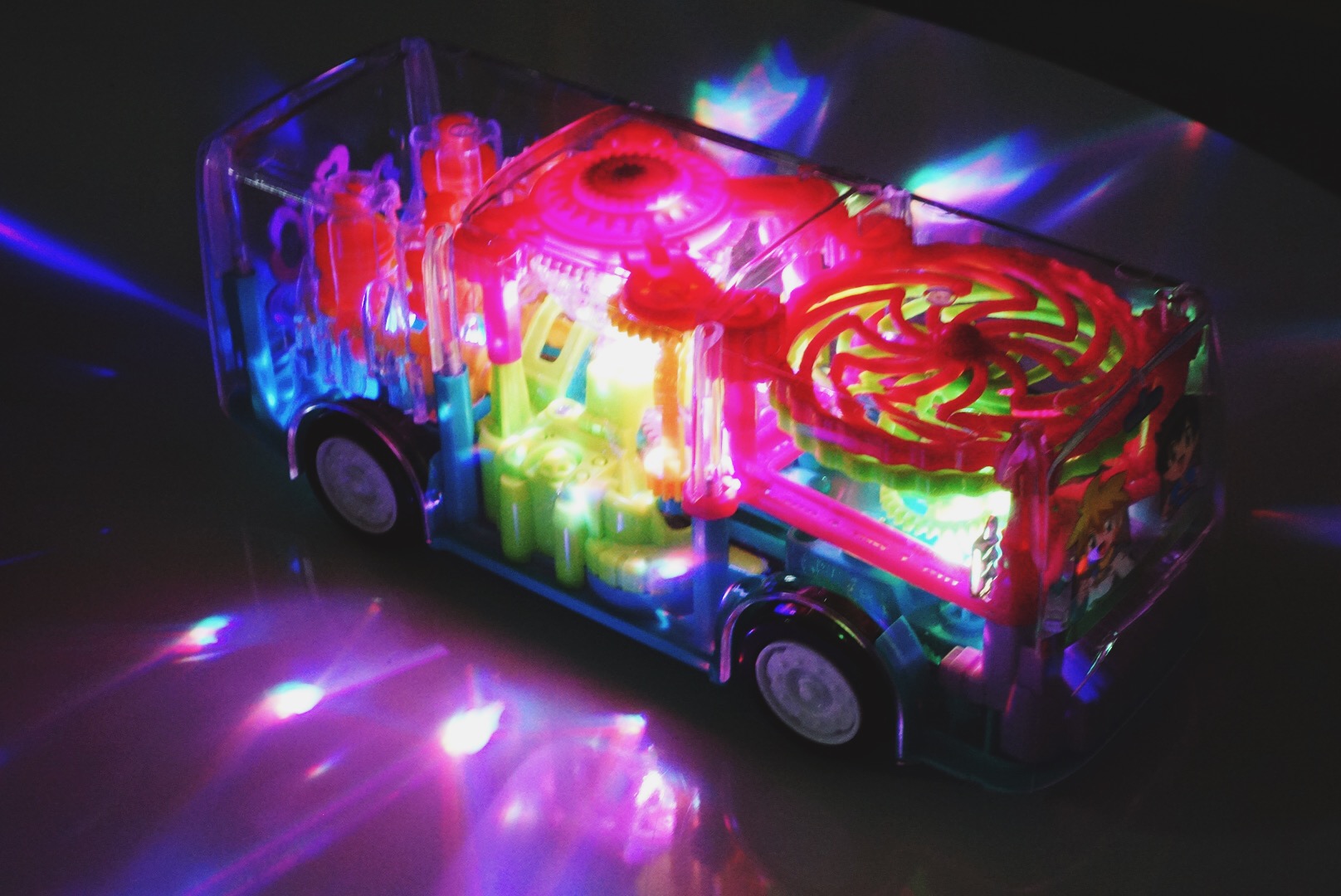 Cool Light Music Rotating Electric Bus Young Children Universal Gear Simulation Transparent Model Toy Car