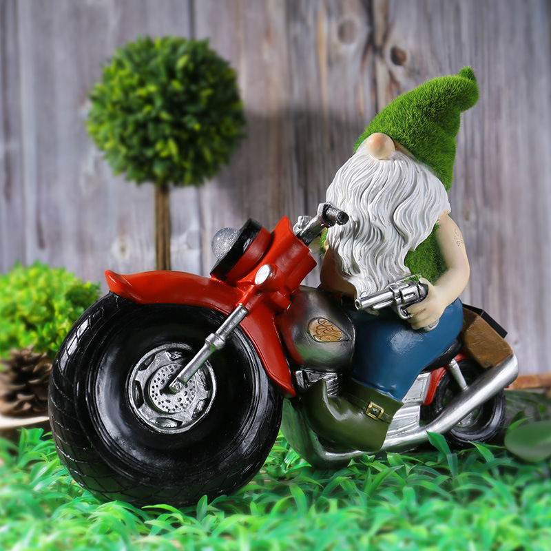 Solar Resin Crafts Flocking Dwarf Motorcycle Garden Decoration Outdoor Lawn Courtyard Resin Decorations