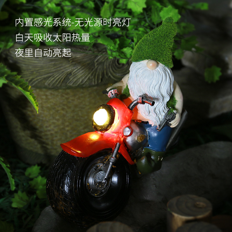 Solar Resin Crafts Flocking Dwarf Motorcycle Garden Decoration Outdoor Lawn Courtyard Resin Decorations