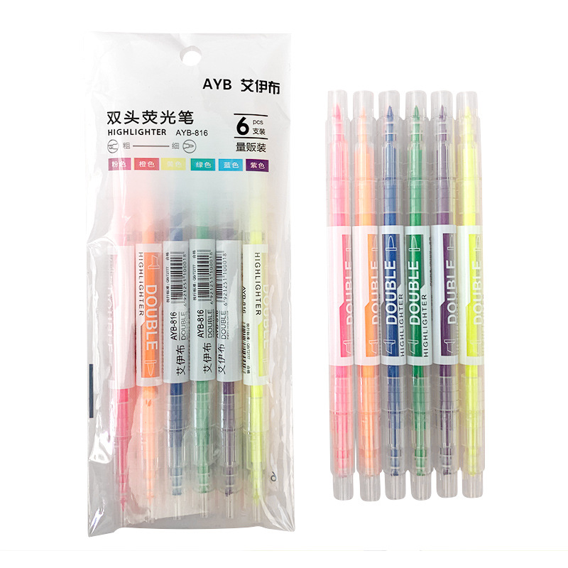 Double-Headed Fluorescent 6-Pack Multi-Color Pen Student Exam Review Focus Marker Oblique Head Graffiti Color Hand Account Pen